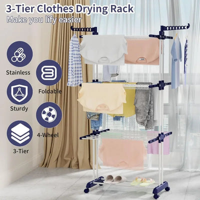 Clothes Drying Rack,Folding Clothes Rail Storage Rack, 4 Tier Clothes Horses Rack Stainless Steel Laundry Garment Dryer Stand