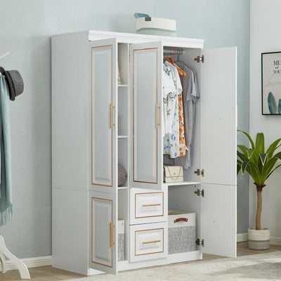 74" H Freestanding Clothes Storage Closet Bedroom Armoires Wood Wardrobe Storage Closet Cabinet with Hanging Rod Shelf 2 Drawers