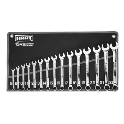 HART 15-Piece Metric Combination Wrench Set with Tool Pouch, Chrome Finish, Sizes 8-22mm