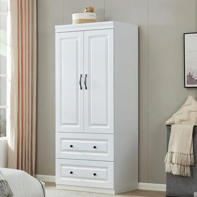 Wardrobe Closet, Bedroom Armoires Cabinet Wooden with Hanging Rod Inside Cabinet and Drawers