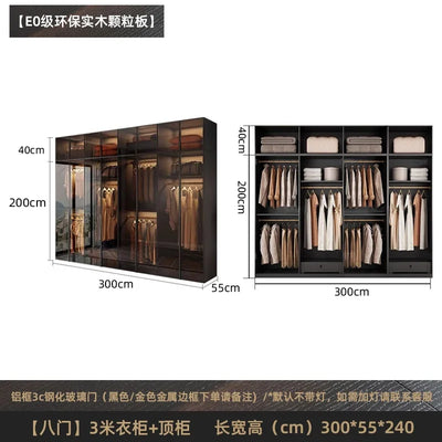 Solid wood wardrobe, bedroom home glass door L-shaped modern light luxury corner cloakroom storage cabinet combination wardrobe