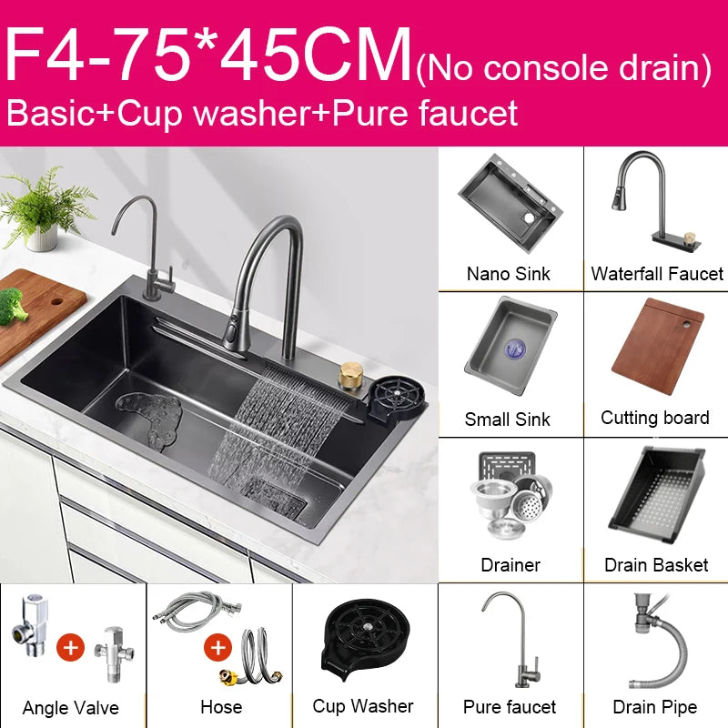 Multifunction Black Nano Kitchen Sink Waterfall Faucet Large Single Bowl Cup Washer Pure Tap Soap Dispenser 304 Stainless Steel