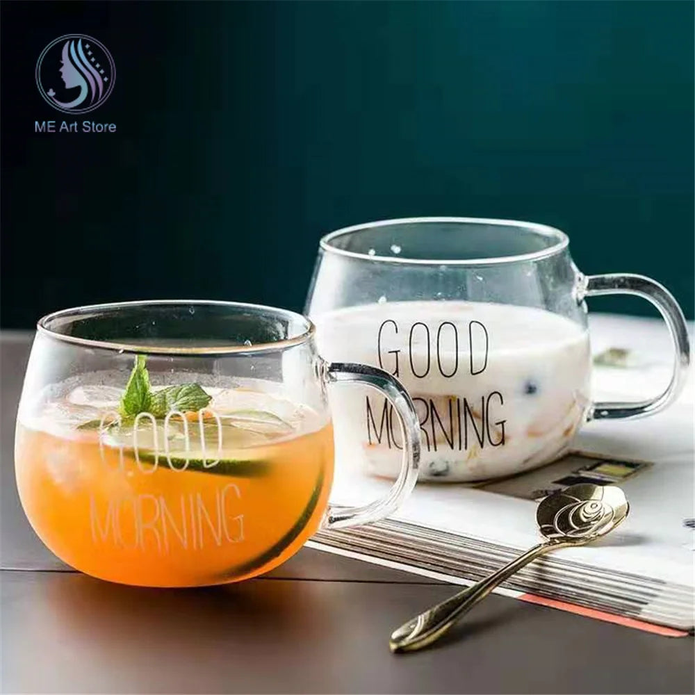 Round Glass Cup Letter Printed Good Morning Transparent Creative Glass Coffee Tea Drinks Dessert Breakfast Milk Cup Glass Mugs