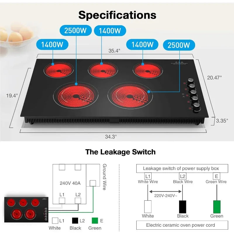 Electric Cooktop 36 inch,36 inch Electric Cooktop,9200W Built-in&Countertop 36inch Cooktop with 9 Power Levels,Child Safety Lock