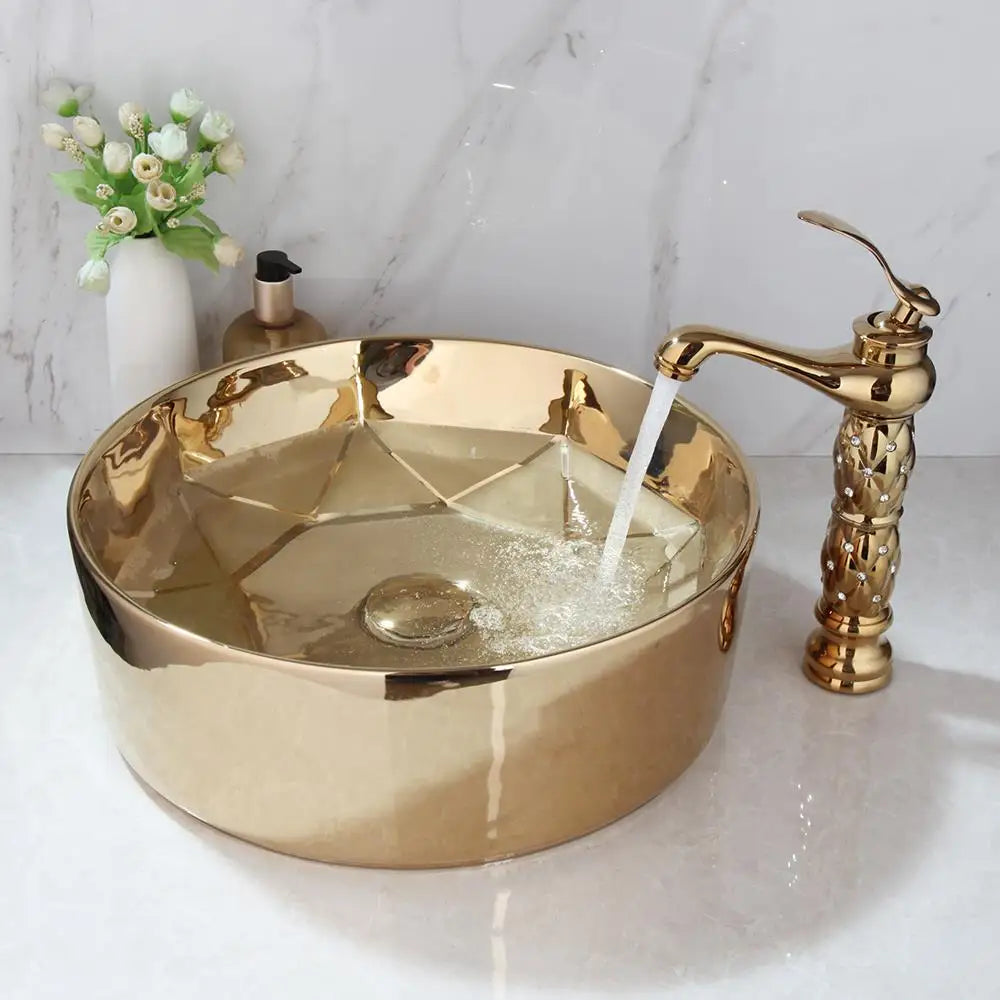 Monite Golden Plated Ceramic Round Bathroom Combine Faucet Set Lavatory Washbasin Sink Diamond Setting Mixer Faucet w/ Pop Drain