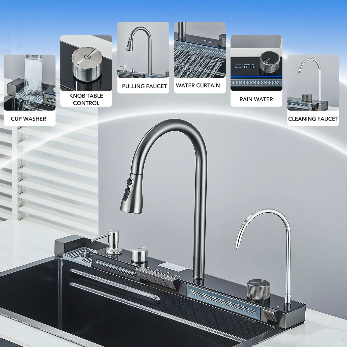 Nano Kitchen Sink 201 Stainless Steel Kitchen Waterfall Sink Digital Display Large Single Sink Dish Basin  With Faucet