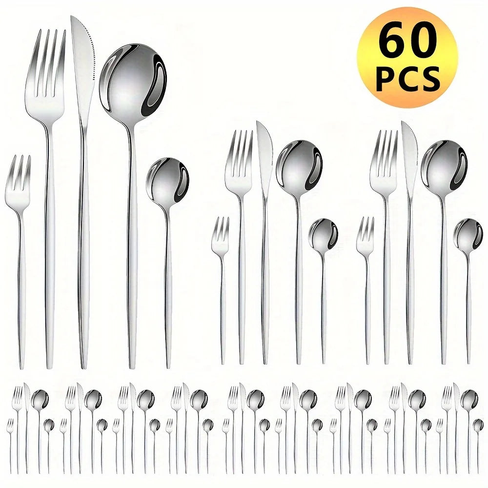 60pcs Stainless Steel - Luxe Golden Cutlery Set, Mirror Polished, Dishwasher Safe, Includes Knives, Forks & Spoons in Gift Box,