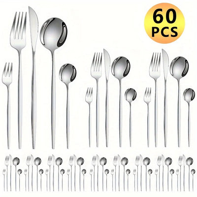 60pcs Stainless Steel - Luxe Golden Cutlery Set, Mirror Polished, Dishwasher Safe, Includes Knives, Forks & Spoons in Gift Box,