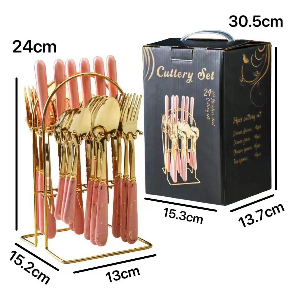 LMETJMA 24 Pcs Flatware Set Stainless Steel Knives Forks Spoons Cutlery Set Service for 6 Kitchen Utensil Tableware Set JT378