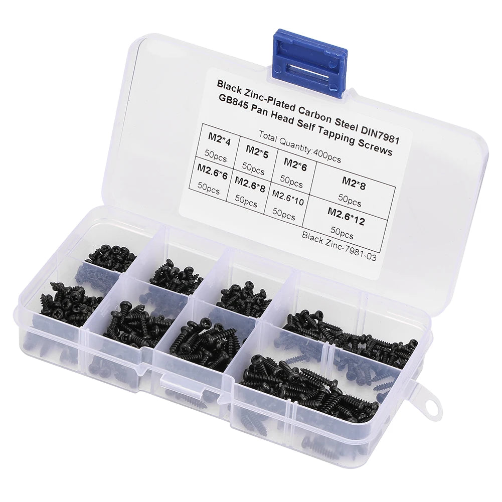 400Pcs Black M2/M2.6 Cross Pan Head Self Tapping Screws Set Assortment Kit Cross pan head self tapping screw set