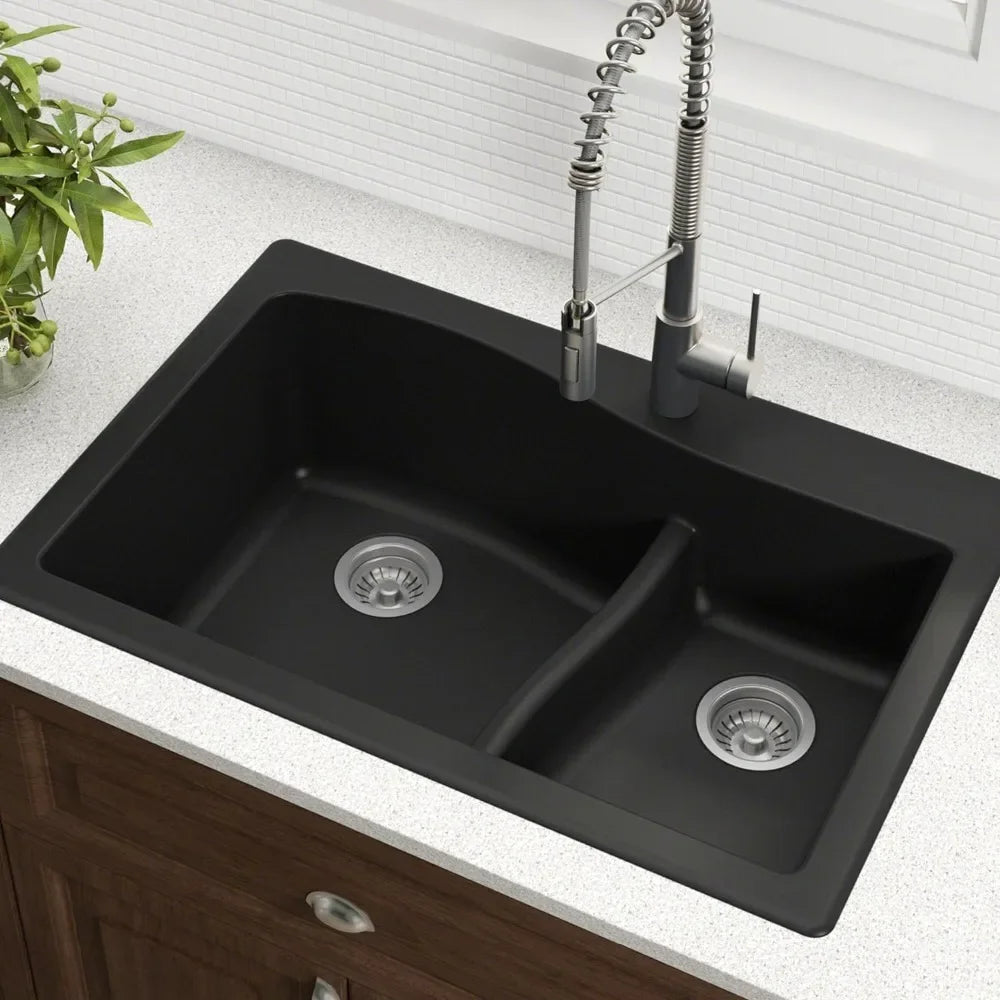 Quarza Kitchen Sink | 33-Inch 60/40 Bowls | Black Granite | KGD-442 Model