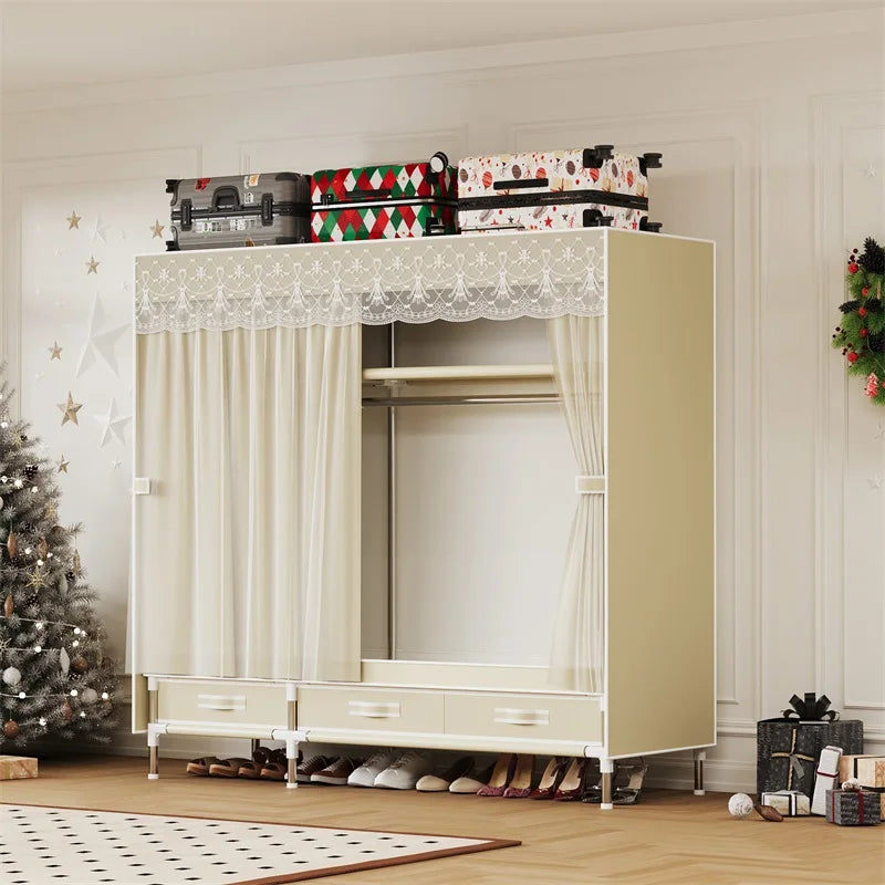 Simple wardrobe, durable and practical, easy to assemble, Christmas atmosphere, mesh cover and drawers