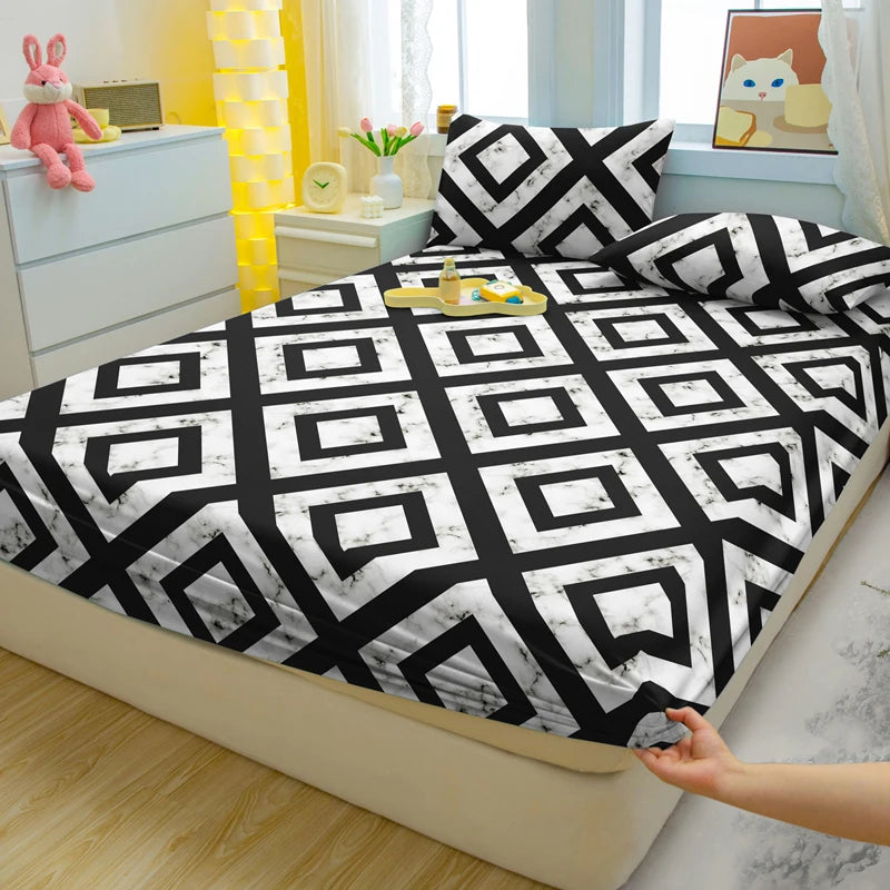 1 Simple Modern Geometry Printed Matte Fitted Sheet, Bedroom Printed Bed Cover, Bedding (Excluding Pillowcases)