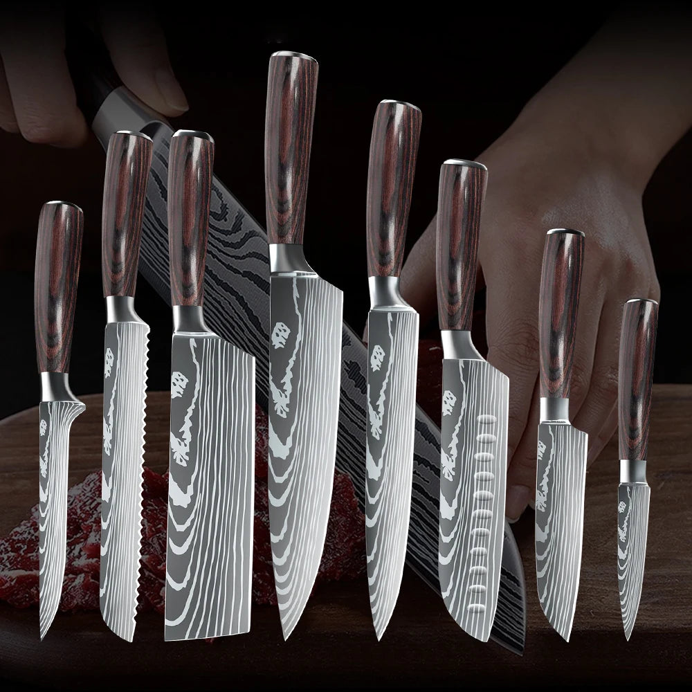 3-10PCS Kitchen Knife Set Professional Chef Knife 7CR17 Germany Stainless Steel Damascus Laser Meat Cleaver Slicing Santoku