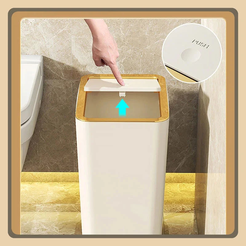 10/12L Slim Trash Can Nordic Covered Waterproof Large Capacity Dustbin One-Touch Lid for Bathroom Kitchen Living Room Bedroom