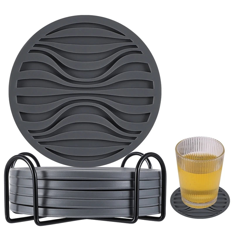 6PCS/Set Silicone Drinking Coasters With Metal Holder Stand Non-Slip Drink Coffee Cup Round Cup Mat Jar Gripper Pads Tableware