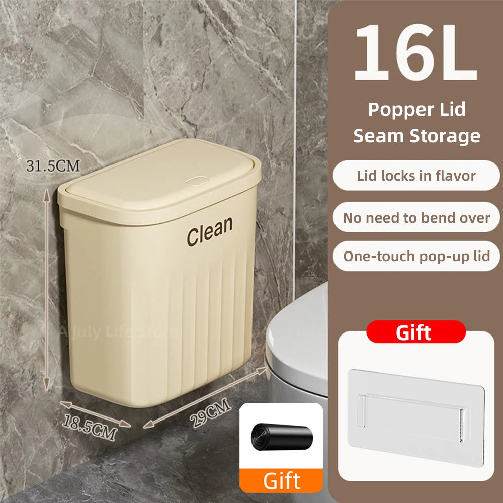 12/16L Wall Mounted Wastebasket Press Trash Can With Lid For Bathroom Kitchen Waterproof Narrow Seam Garbage Can Waste Bin