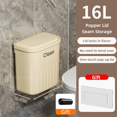 12/16L Wall Mounted Wastebasket Press Trash Can With Lid For Bathroom Kitchen Waterproof Narrow Seam Garbage Can Waste Bin