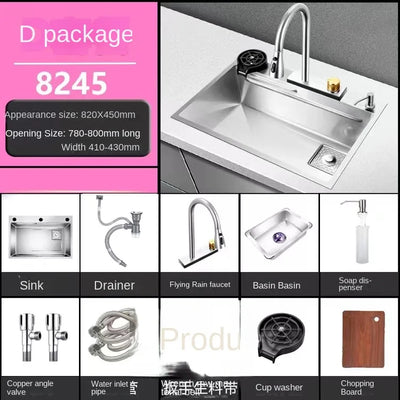 Waterfall Kitchen Sink 304 Stainless Steel Large Single Slot Above Mount Apron Front Waterfall Faucet Vegetable Basin Cup Washer