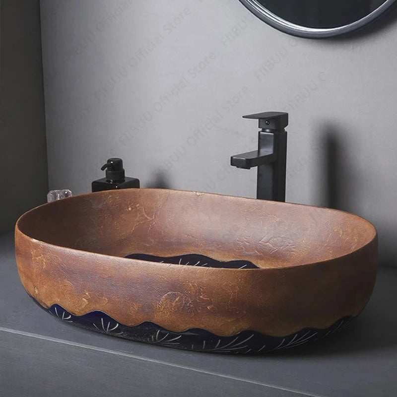 Ceramic Table Sink Bathroom Balcony Lavatory Vanity Sink Above Counter Wash Basin Countertop Vessel Sink Brown Art Basin Bowl