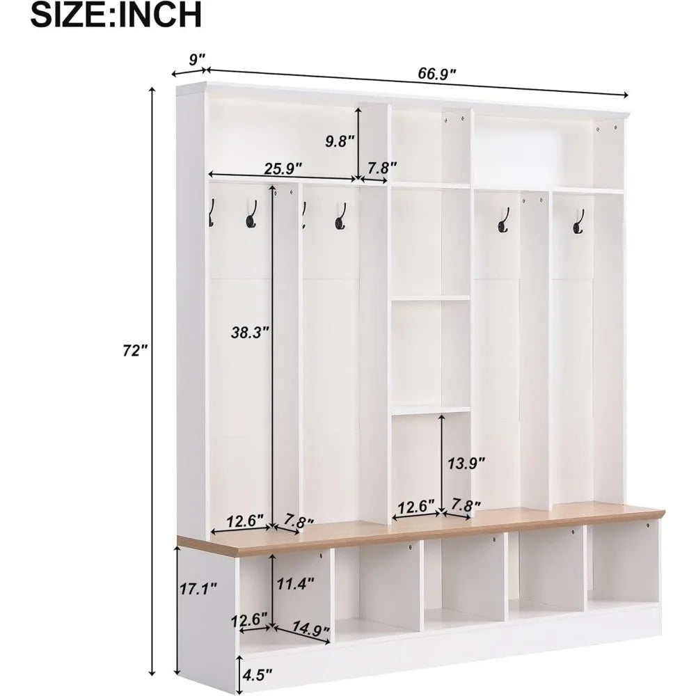 Coat Rack with Storage Bench, Shoe Cabinet with Cube Storage & Shelves, Hall Tree with 8 Hooks for Entryways, Clothes Racks