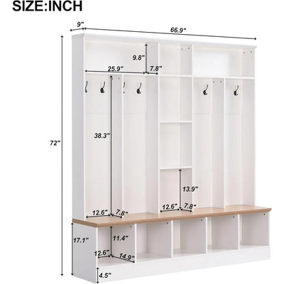 Coat Rack with Storage Bench, Shoe Cabinet with Cube Storage & Shelves, Hall Tree with 8 Hooks for Entryways, Clothes Racks