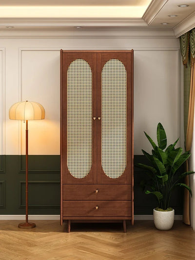 Solid Wood Wardrobe Home Bedroom Small Apartment Closet American Style French Style Retro Wardrobe Rattan Sliding Door Wardrobe