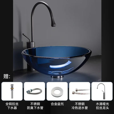 42cm Round Tempered Glass Sink Blue Bathroom Washbasin Hotel Balcony Countertop Art Basin Transparent Bowl Basin With Drain Sets