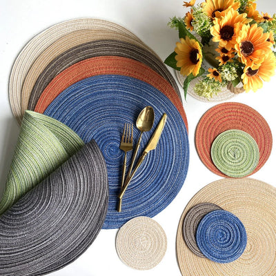 4pcs Woven Ramie Placemats Round Table Mat Anti Slip Dining Table Mats Non-Slip Tableware Bowl Pads Kitchen Drink Cup Coasters