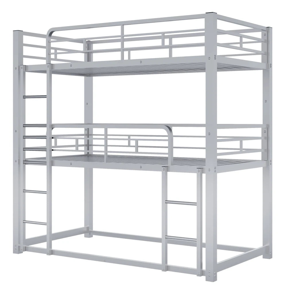 Metal Twin Size Triple Bunk Bed Children Beds, Metal Twin Over Twin & Twin Bunk Beds for 3 with Guardrails