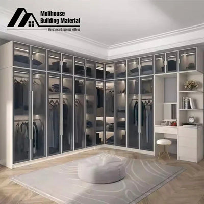 Design Black High Gloss Lacquered Wardrobe Dark Style Walk-in Wardrobe Clothes Bedroom Furniture with Glass Doors