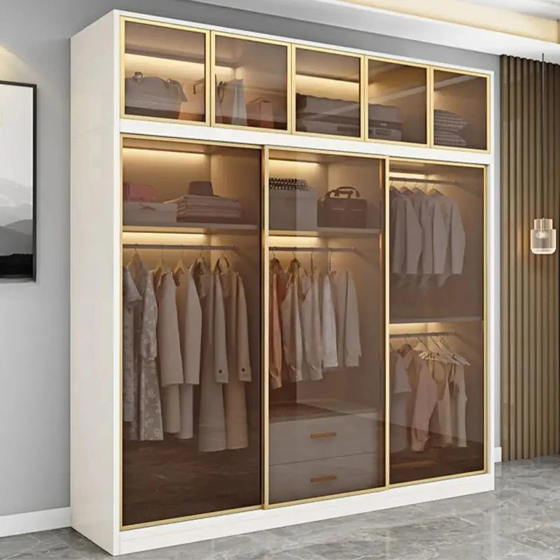 Italian Clothes Cabinet With LED Light And Storage Drawers Transparent Glass Sliding Door Bedroom Wardrobes Luxury Wood Closets