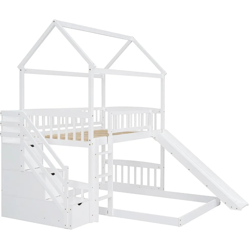 Bunk Bed with Slide, House Bunk Beds Twin Over Twin Stairway Bunk Beds Playhouse Bunkbed with Storage for Kids Toddlers, White