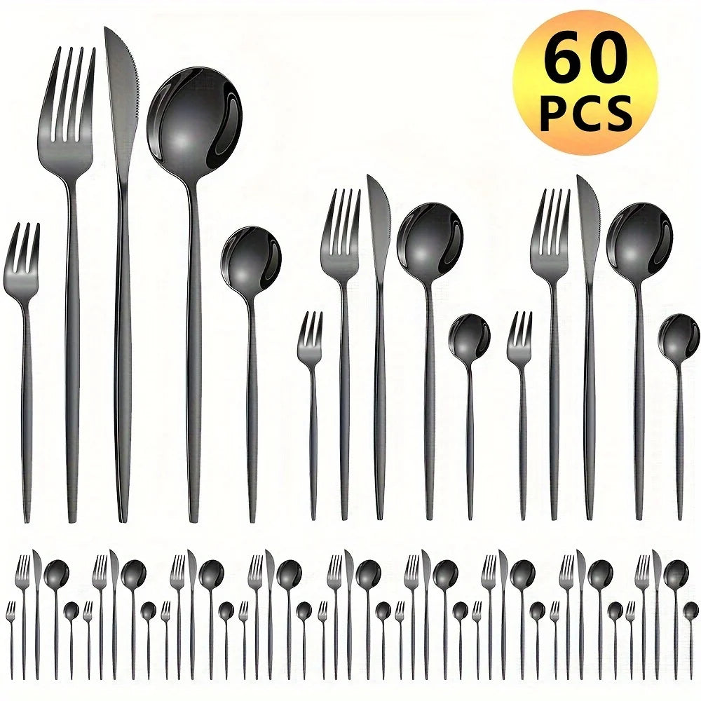 60pcs Stainless Steel - Luxe Golden Cutlery Set, Mirror Polished, Dishwasher Safe, Includes Knives, Forks & Spoons in Gift Box,