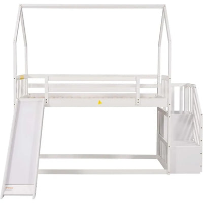 House Bunk Bed with Convertible Slide and Storage Staircase, Wood Twin Over Twin Bunk Bed Frame, No Box Spring Needed (White)