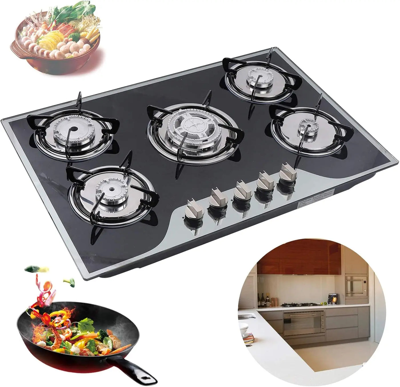 Cooktop 30.3 Inch Built-in Stove Hob Cooktop with 5 Burners Tempered Glass Gas Stovetop with Thermocouple Protection, NG/LPG Con