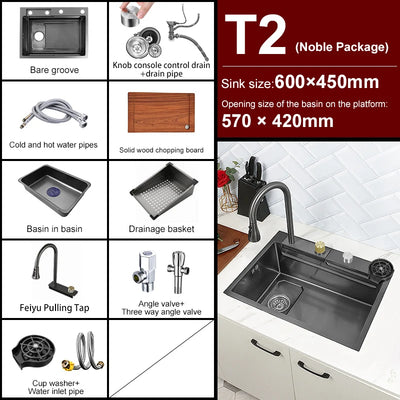 Stainless Steel Kitchen Waterfall Sink Digital Display Large Single Sink Dish Basin Sink With Multifunction Touch Waterfall