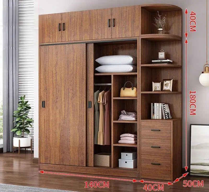 Household Bedroom Modern Simple Nordic Rental Room Simple Assembly Solid Wood Sliding Door  Large Wardrobe