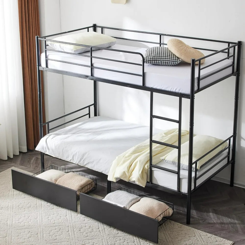 Bunk Bed Twin Over Twin with 2 Storage Drawers, Bunk Bed with Built-in Ladder and Safety Guardrail, Space-Saving Twin Bunk Beds