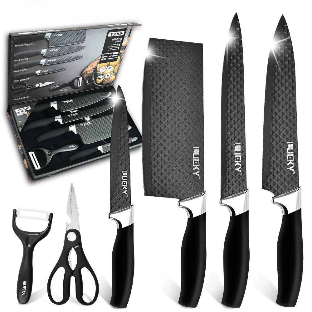 6PCS Kitchen Knives Set Stainless Steel Cleaver Slicing Utility Chef Knife Scissors Peeler Fruit Slicer Fish Meat Cleaver Cooker