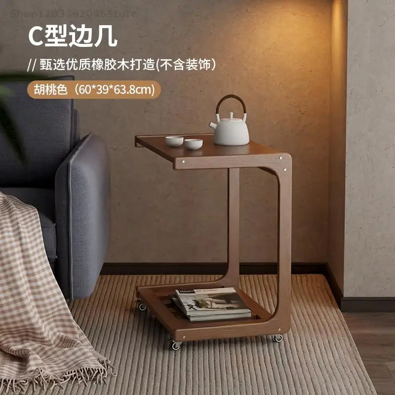 Solid Wood Sofa Side Table Cabinet Movable Table With Wheels Mini Coffee Table Living Room Small Apartment C- Shaped Small Tea