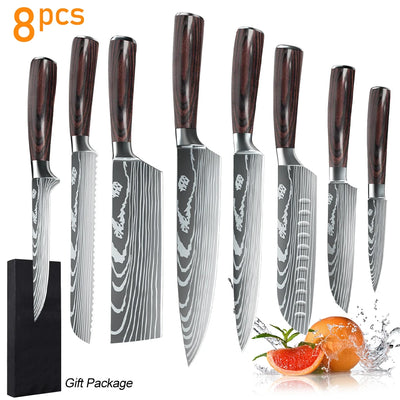 3-10PCS Kitchen Knife Set Professional Chef Knife 7CR17 Germany Stainless Steel Damascus Laser Meat Cleaver Slicing Santoku