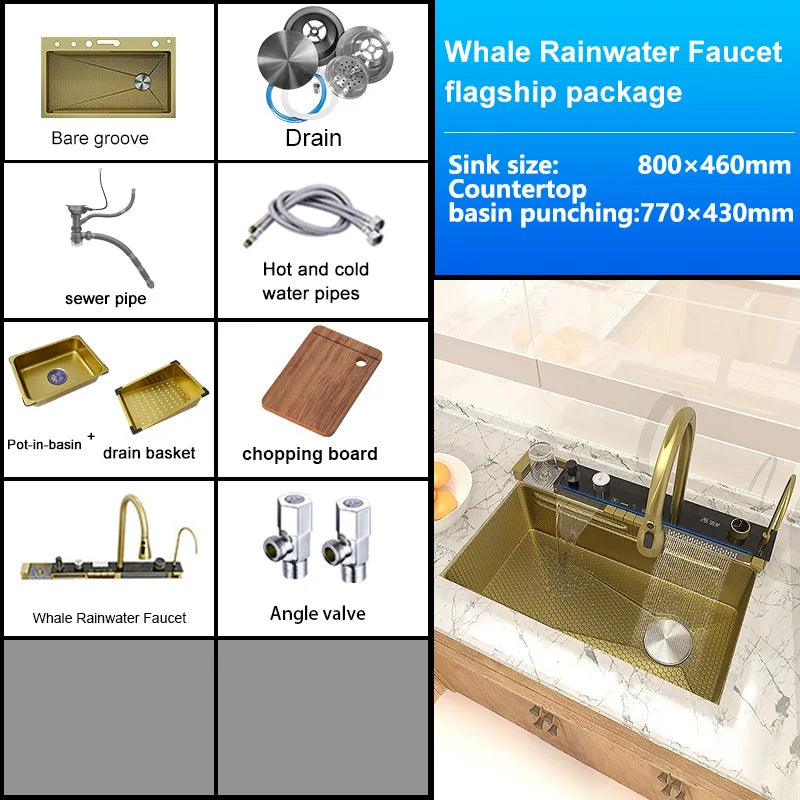 Stainless Steel Waterfall Kitchen Sink Embossed Extra Large Single Slot Digital Display Multifunctional Oversized Sinks 100x50cm