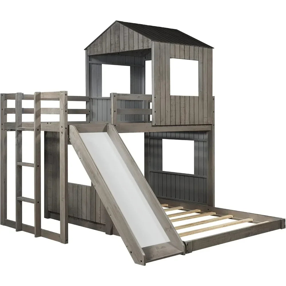 House Bunk Beds Twin Over Full Size, Wood Bunk Beds with Roof and Window Distressed Grey, Twin Over Full with Slide