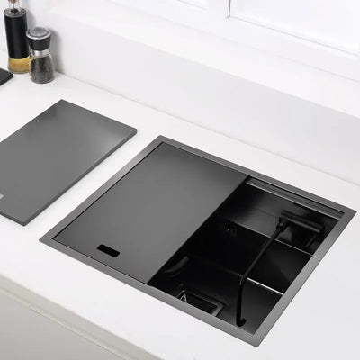 Hidden Black Kitchen Sink Bowl Bar Stainless Steel Balcony Sink Concealed Black Bar Sink with Clean Water Tap Open Kitchen