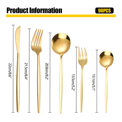 90PCS 18 Set Gold Flatware Cutlery 5 Golden Stainless Steel Kitchen Utensils Set Includes Gold Forks Knives and Spoons