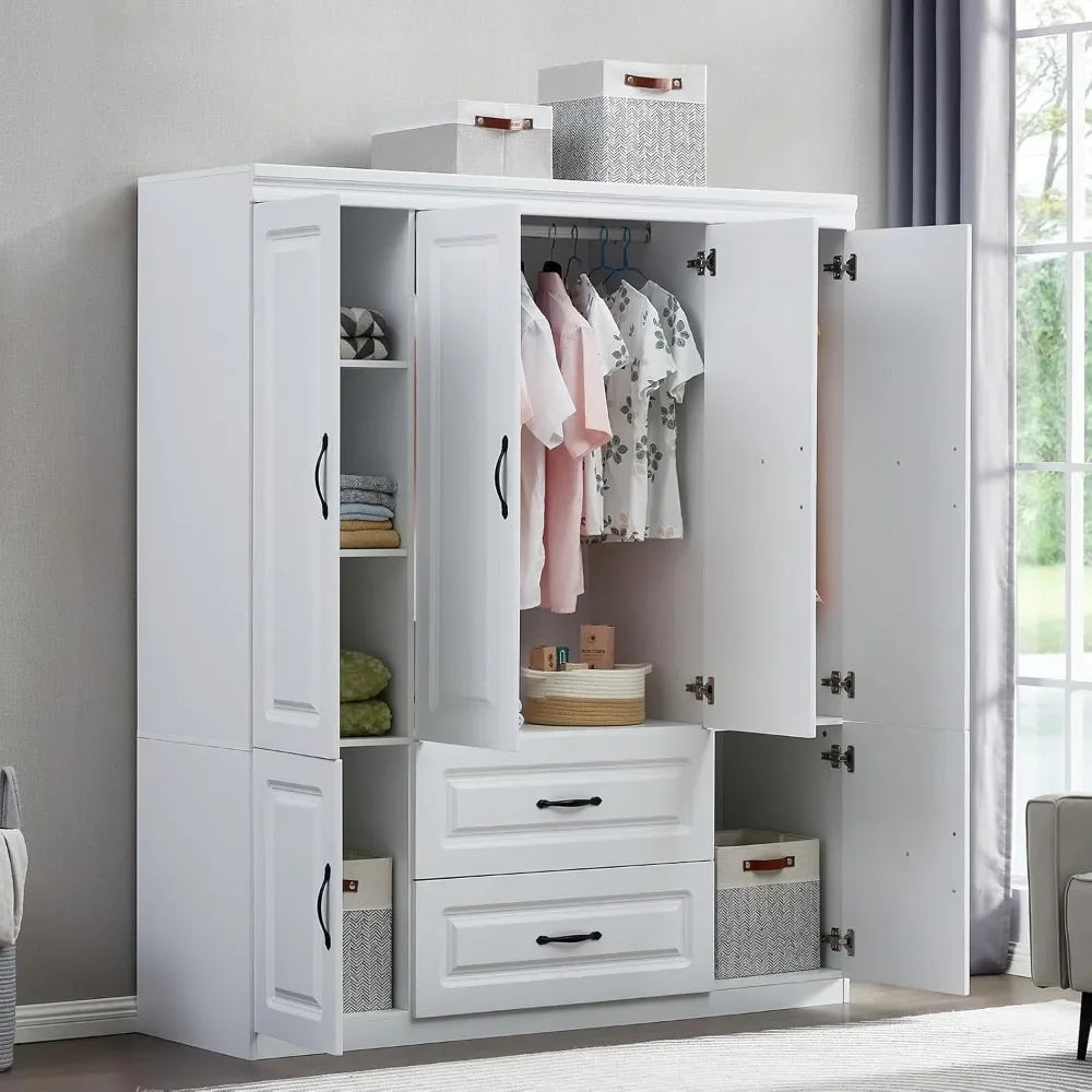 Wardrobe Closet, Bedroom Armoires Cabinet Wooden with Hanging Rod Inside Cabinet and Drawers