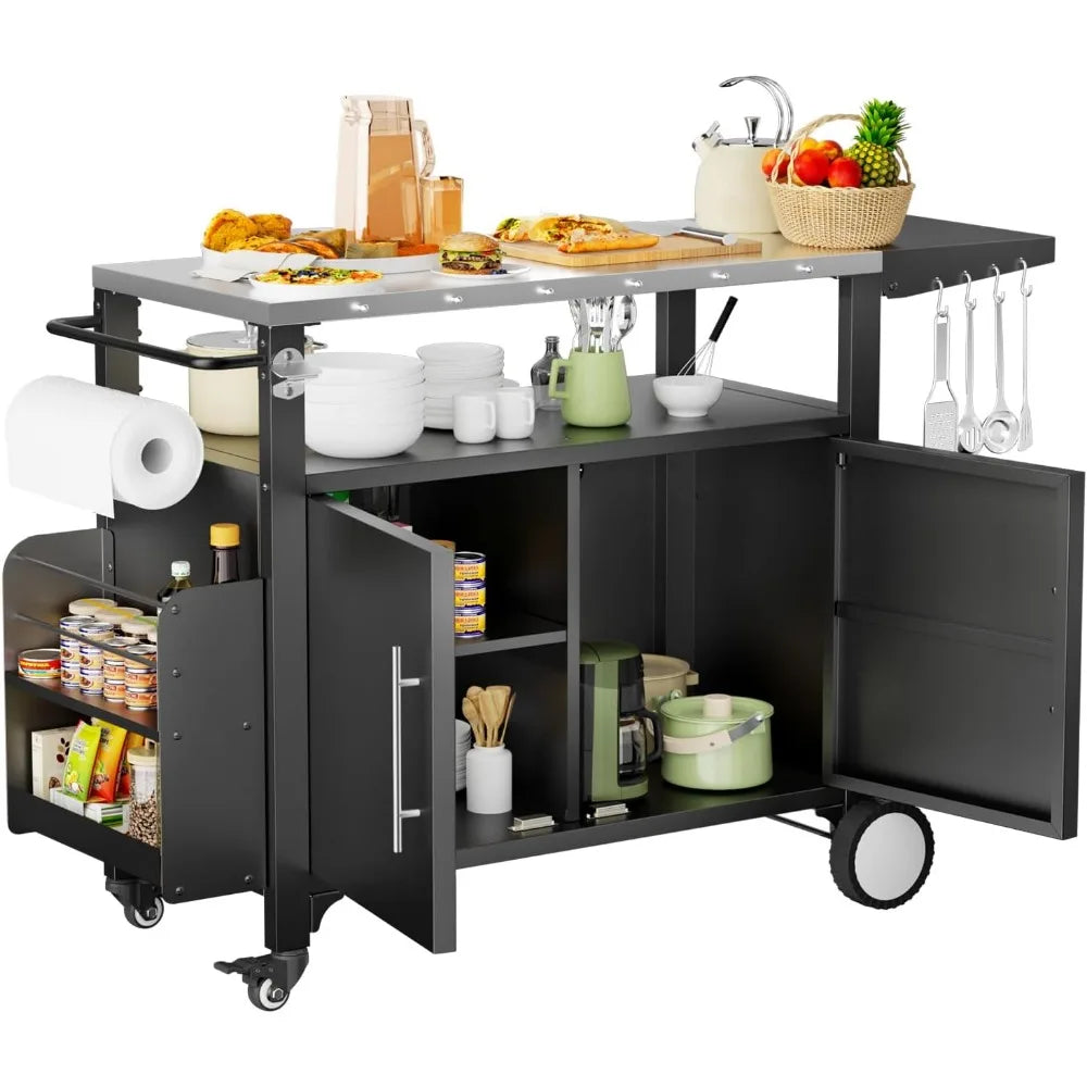 Outdoor Grill Cart with Storage,Patio Kitchen Island with WheelsHooks and Spice Rack,Waterproof Outdoor Grill Table,Movable BBQ