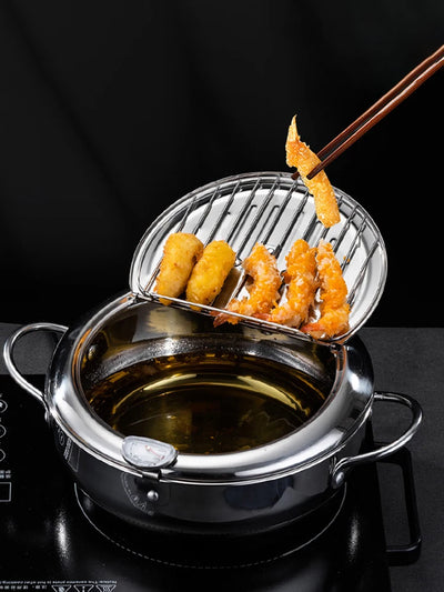 Japanese Style Tempura Fryer Pan with Temperature Control 304 Stainless Steel Cooking Pot for French Fries Chicken Wings Shrimp