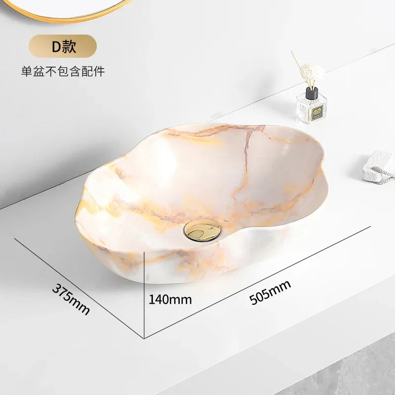 Ceramic Washbasin Marble Pattern Countertop Sinks Luxury Hotel Art Basin Flower Shape Bathroom Hand Wash Vessel Sink 50*37*14cm